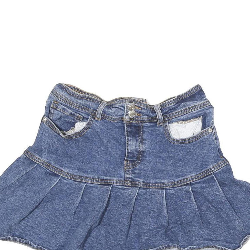 Womens Blue Denim Pleated Mini Cotton Blend Skirt S Casual Summer Wear