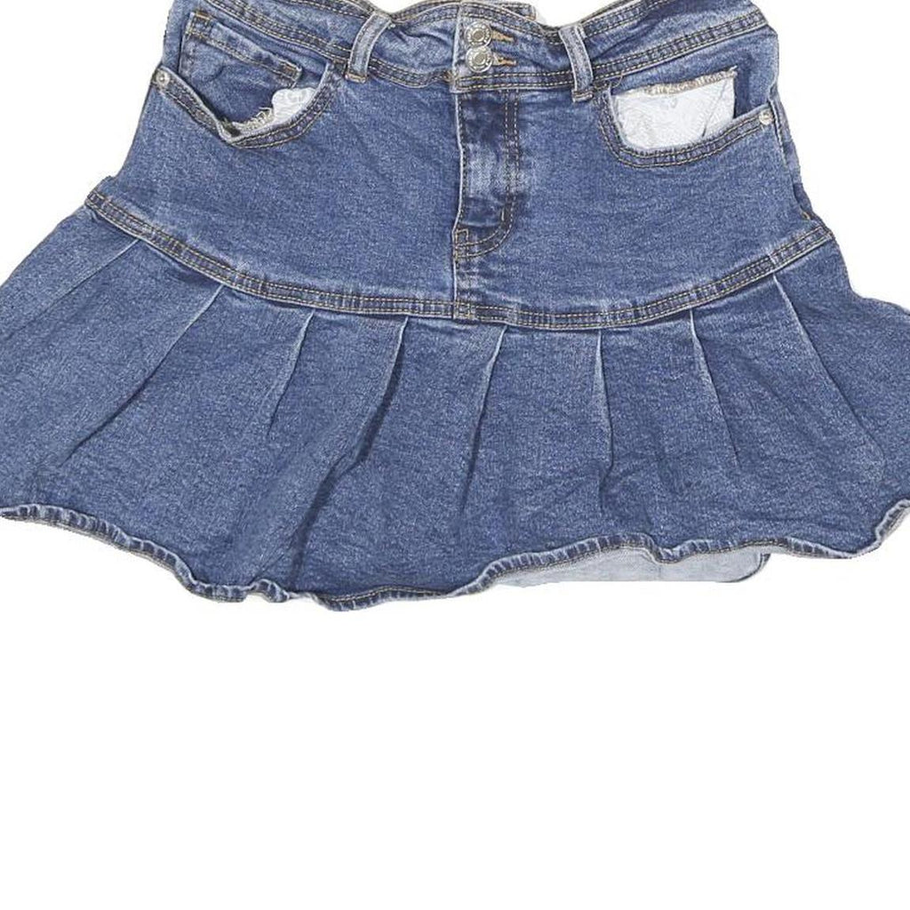Womens Blue Denim Pleated Mini Cotton Blend Skirt S Casual Summer Wear