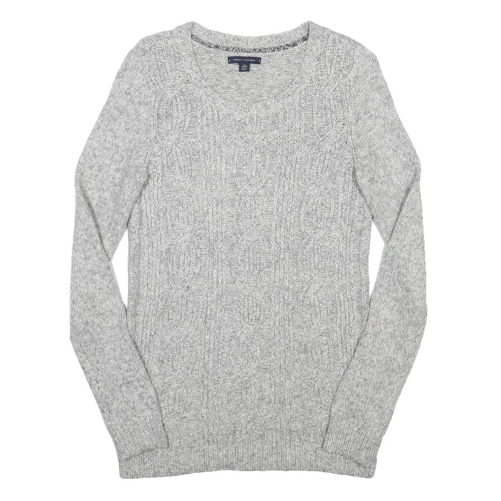 TOMMY HILFIGER Womens Grey Patterned Cotton Blend Jumper Crew Neck Cable Knit XS