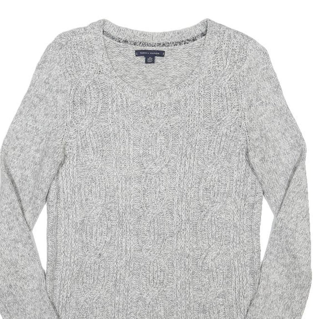 TOMMY HILFIGER Womens Grey Patterned Cotton Blend Jumper Crew Neck Cable Knit XS