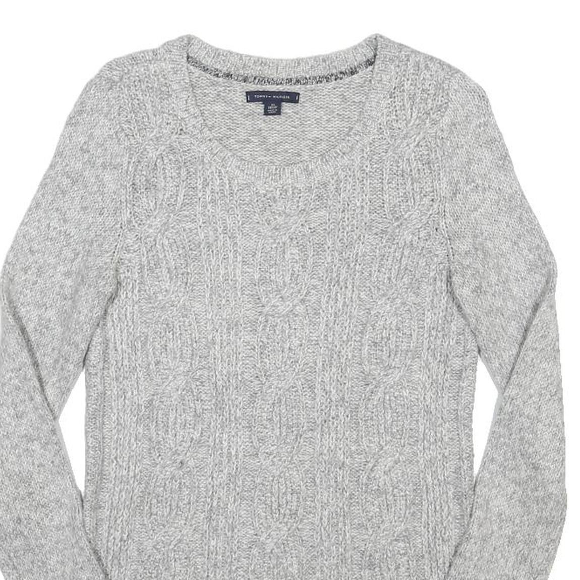 TOMMY HILFIGER Womens Grey Patterned Cotton Blend Jumper Crew Neck Cable Knit XS