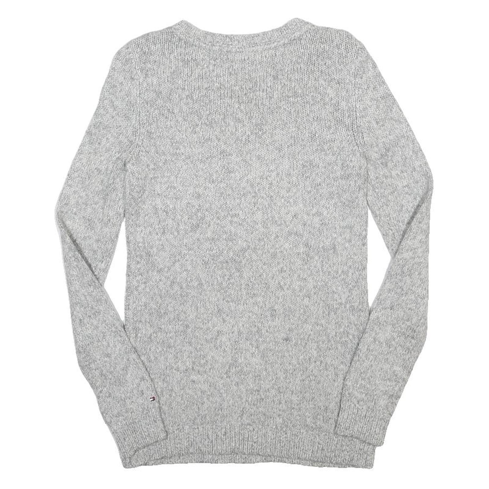 TOMMY HILFIGER Womens Grey Patterned Cotton Blend Jumper Crew Neck Cable Knit XS