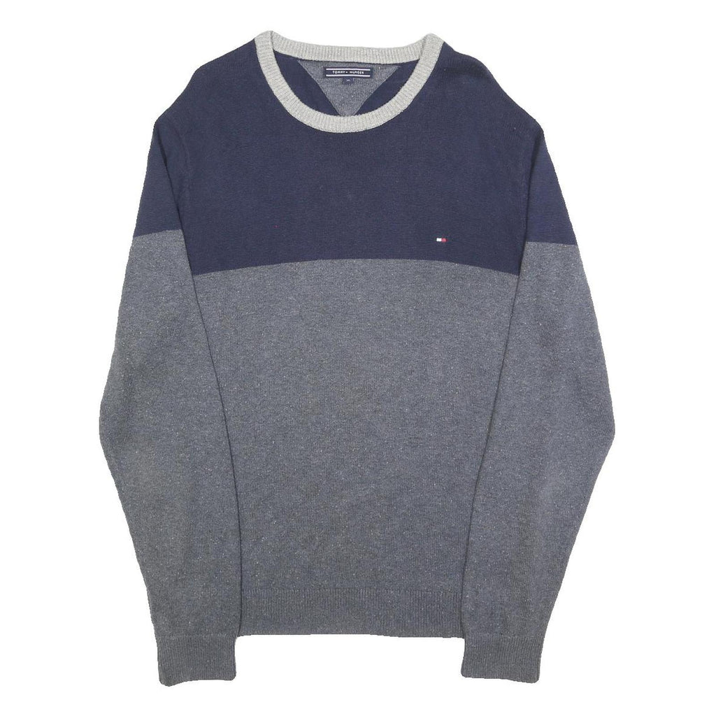 TOMMY HILFIGER Mens Navy & Grey Colourblock Pattern Jumper Crew Neck Basic Knit