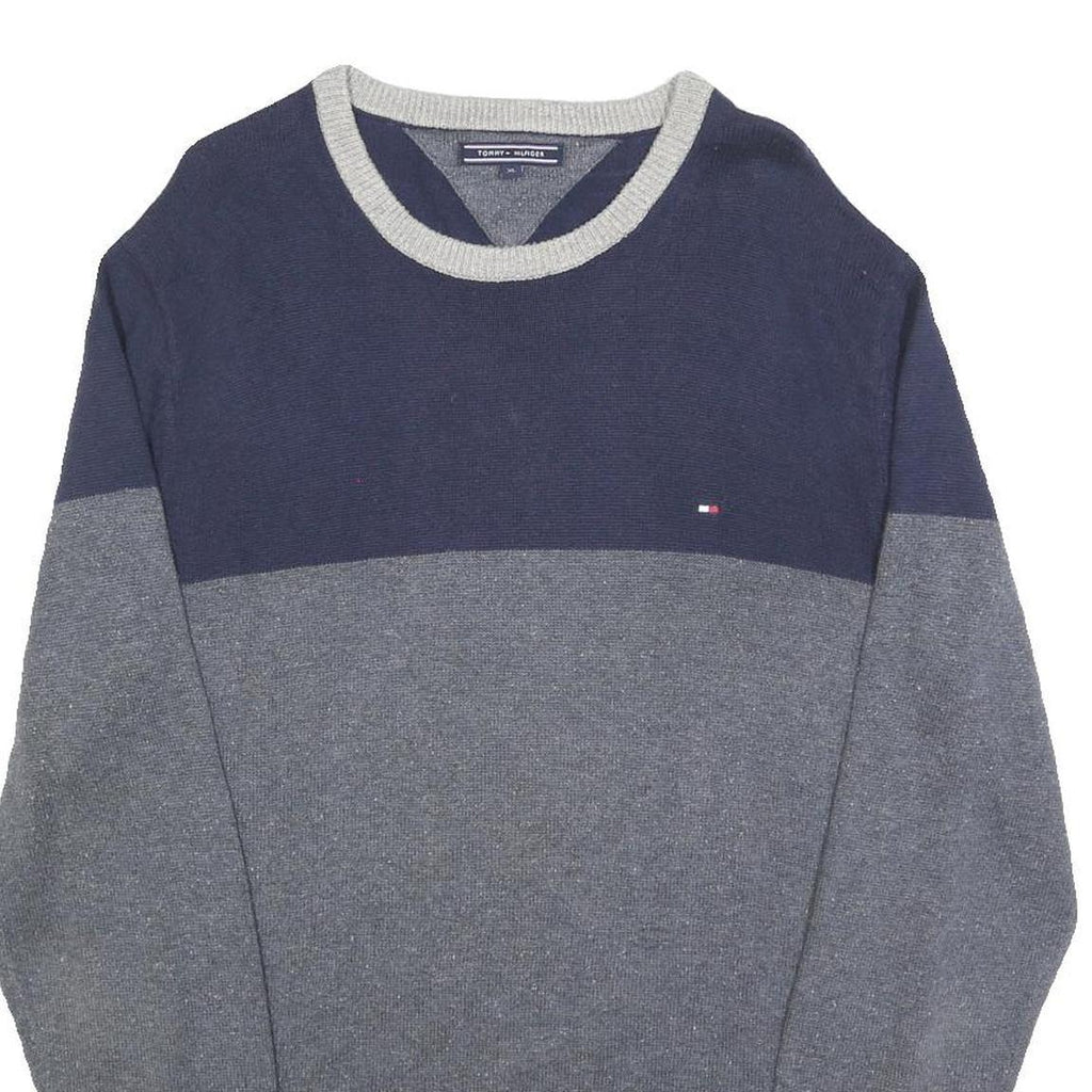 TOMMY HILFIGER Mens Navy & Grey Colourblock Pattern Jumper Crew Neck Basic Knit