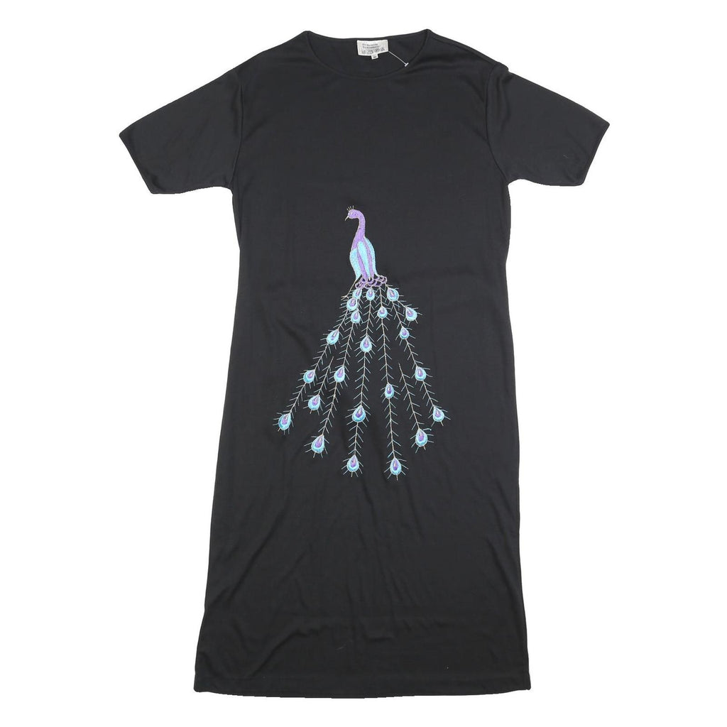 Womens Black Cotton Blend Day Jersey Peacocks Embroidered Short Sleeve M Dress