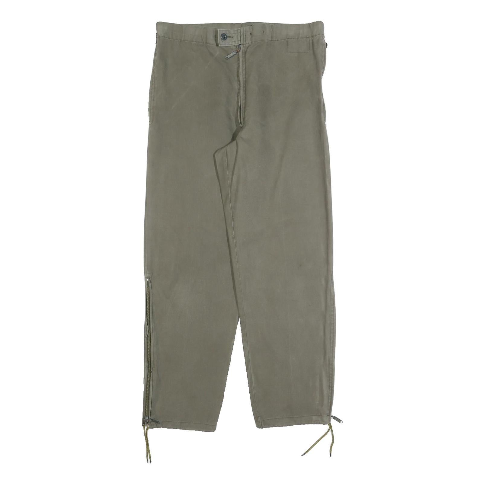 Mens Relaxed Fit Beige Cotton Blend Trousers W34 L30 Zip Closure Straight Leg