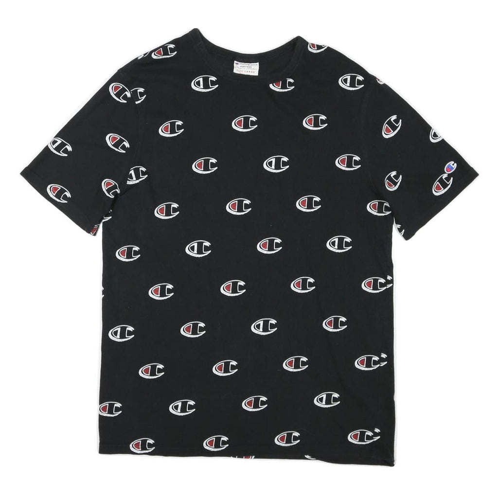 CHAMPION Mens Black All Over Logo Graphic T-Shirt L Short Sleeve Crew Neck