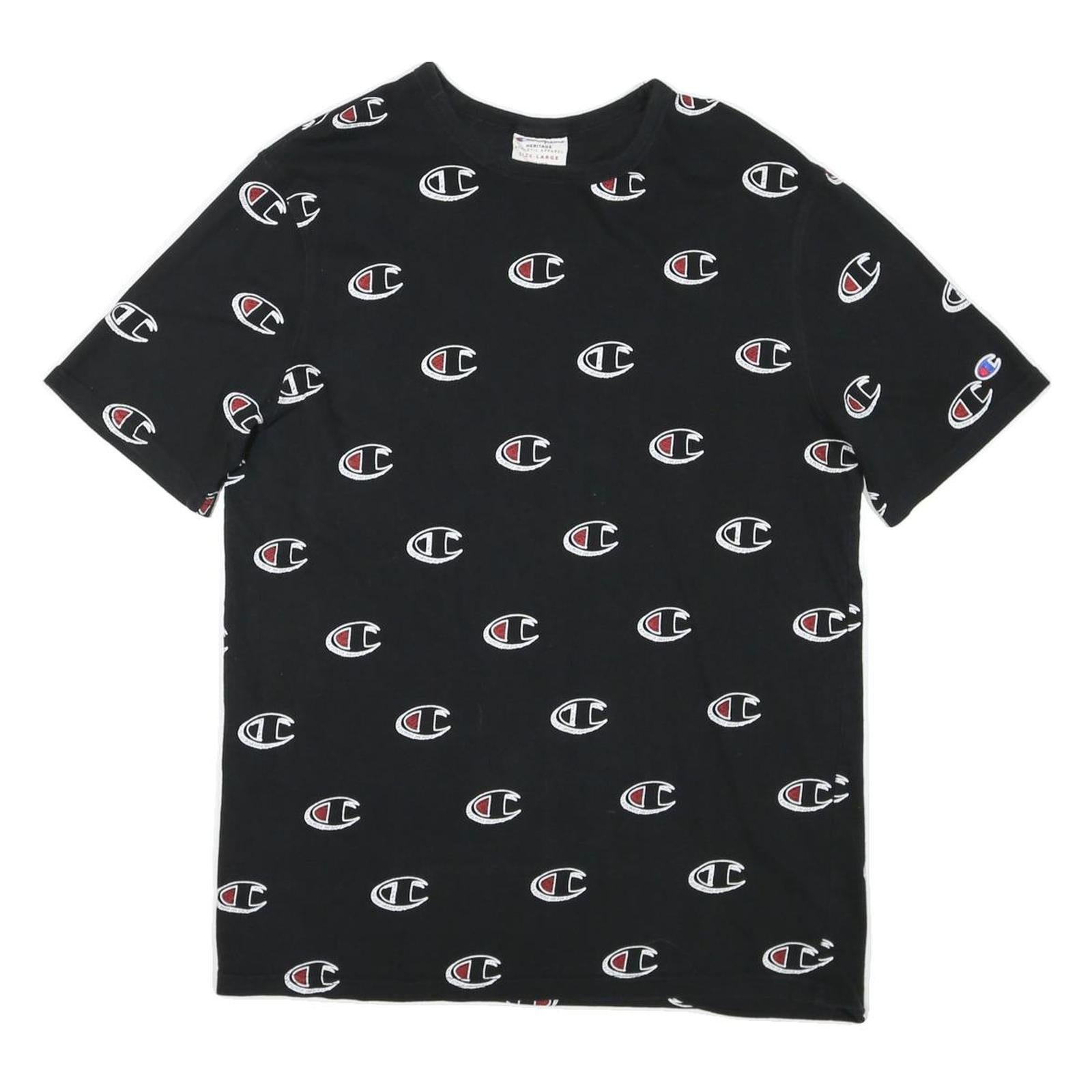 CHAMPION Mens Black All Over Logo Graphic T-Shirt L Short Sleeve Crew Neck
