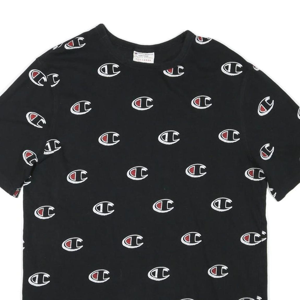 CHAMPION Mens Black All Over Logo Graphic T-Shirt L Short Sleeve Crew Neck