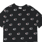 CHAMPION Mens Black All Over Logo Graphic T-Shirt L Short Sleeve Crew Neck