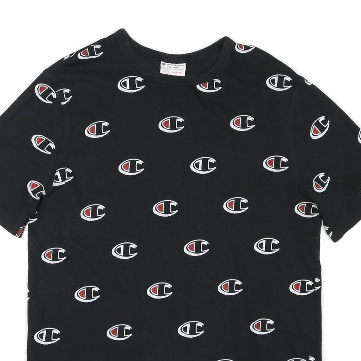 CHAMPION Mens Black All Over Logo Graphic T-Shirt L Short Sleeve Crew Neck