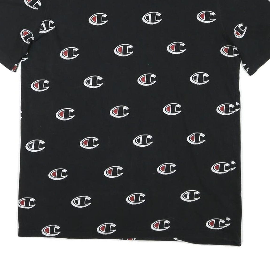 CHAMPION Mens Black All Over Logo Graphic T-Shirt L Short Sleeve Crew Neck