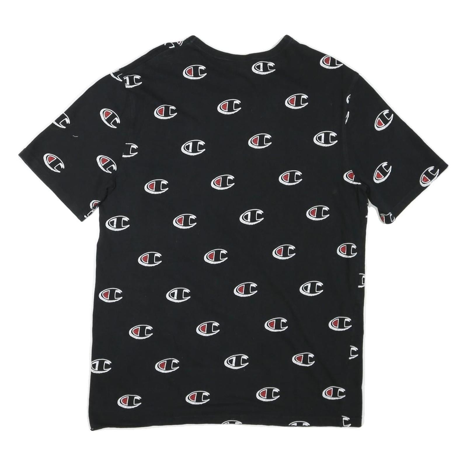 CHAMPION Mens Black All Over Logo Graphic T-Shirt L Short Sleeve Crew Neck