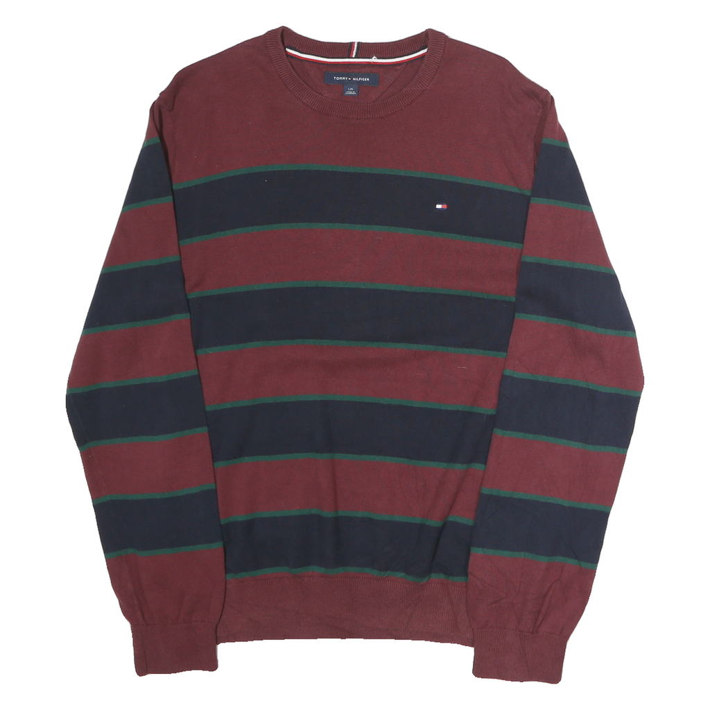 TOMMY HILFIGER Mens Maroon & Navy Patterned Cotton Jumper Crew Neck Regular L