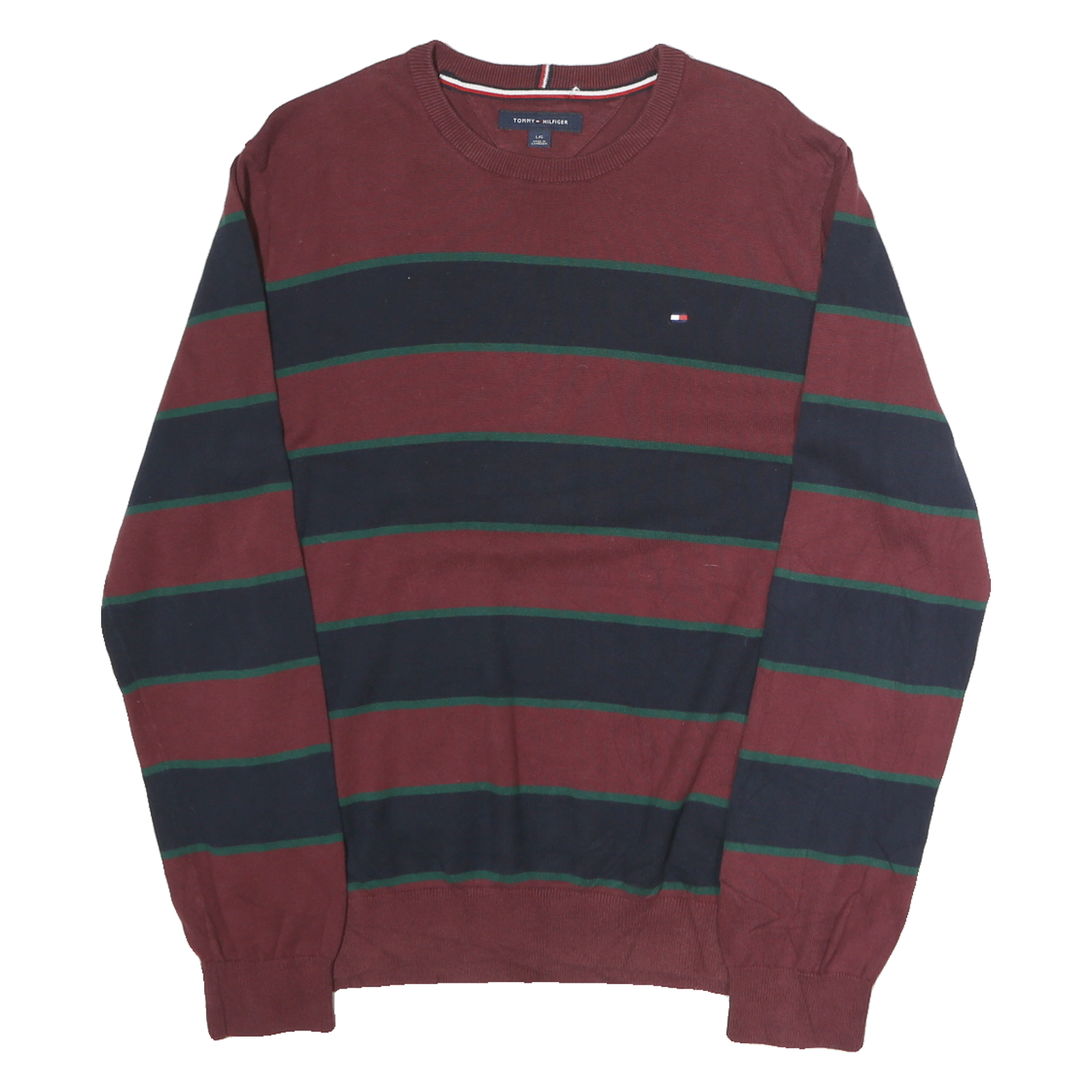 TOMMY HILFIGER Mens Maroon & Navy Patterned Cotton Jumper Crew Neck Regular L