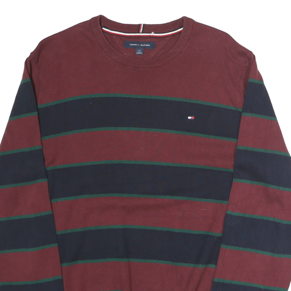 TOMMY HILFIGER Mens Maroon & Navy Patterned Cotton Jumper Crew Neck Regular L
