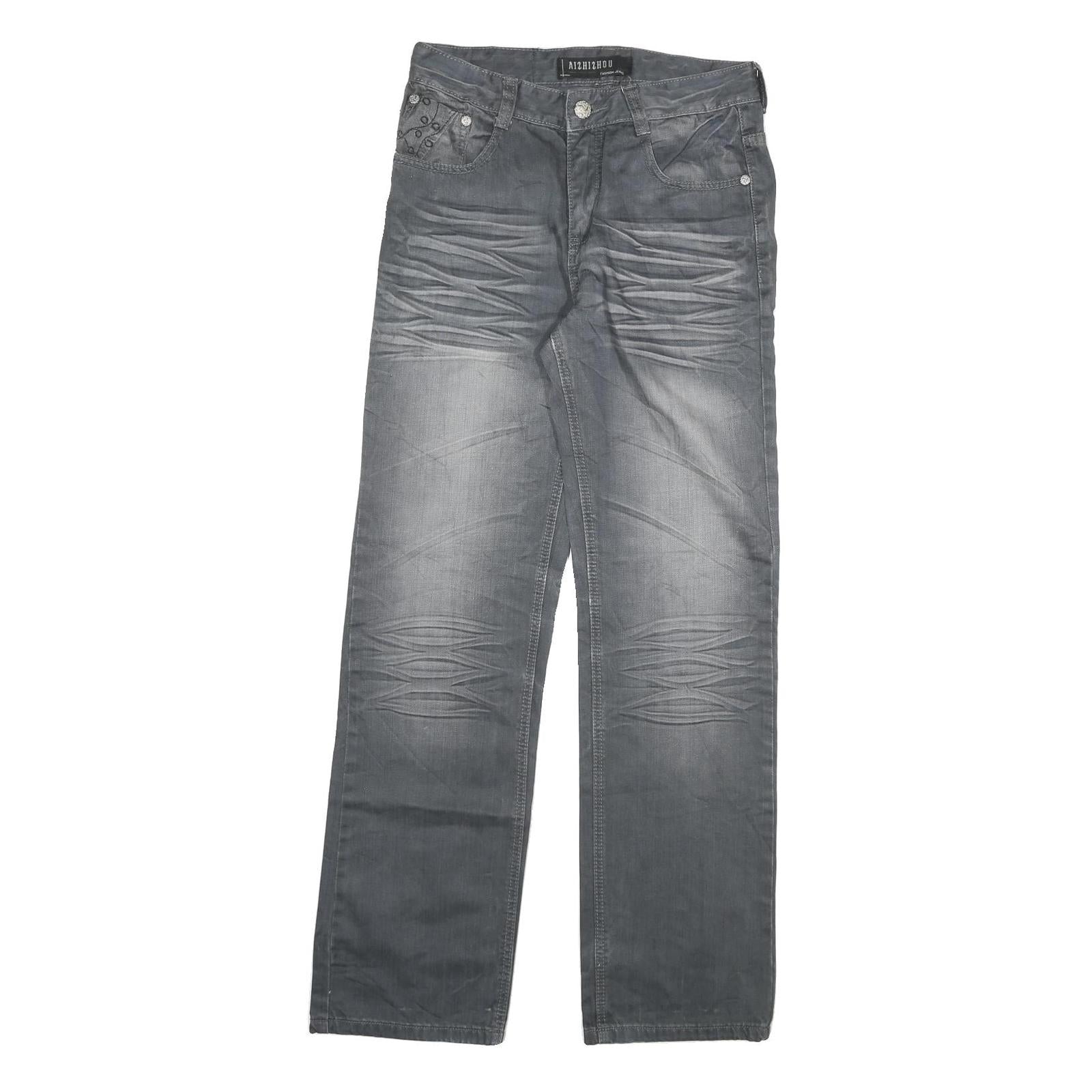 AIZHIZOU Womens Regular Grey Denim Jeans Cotton Blend W28 L32 Embroidered