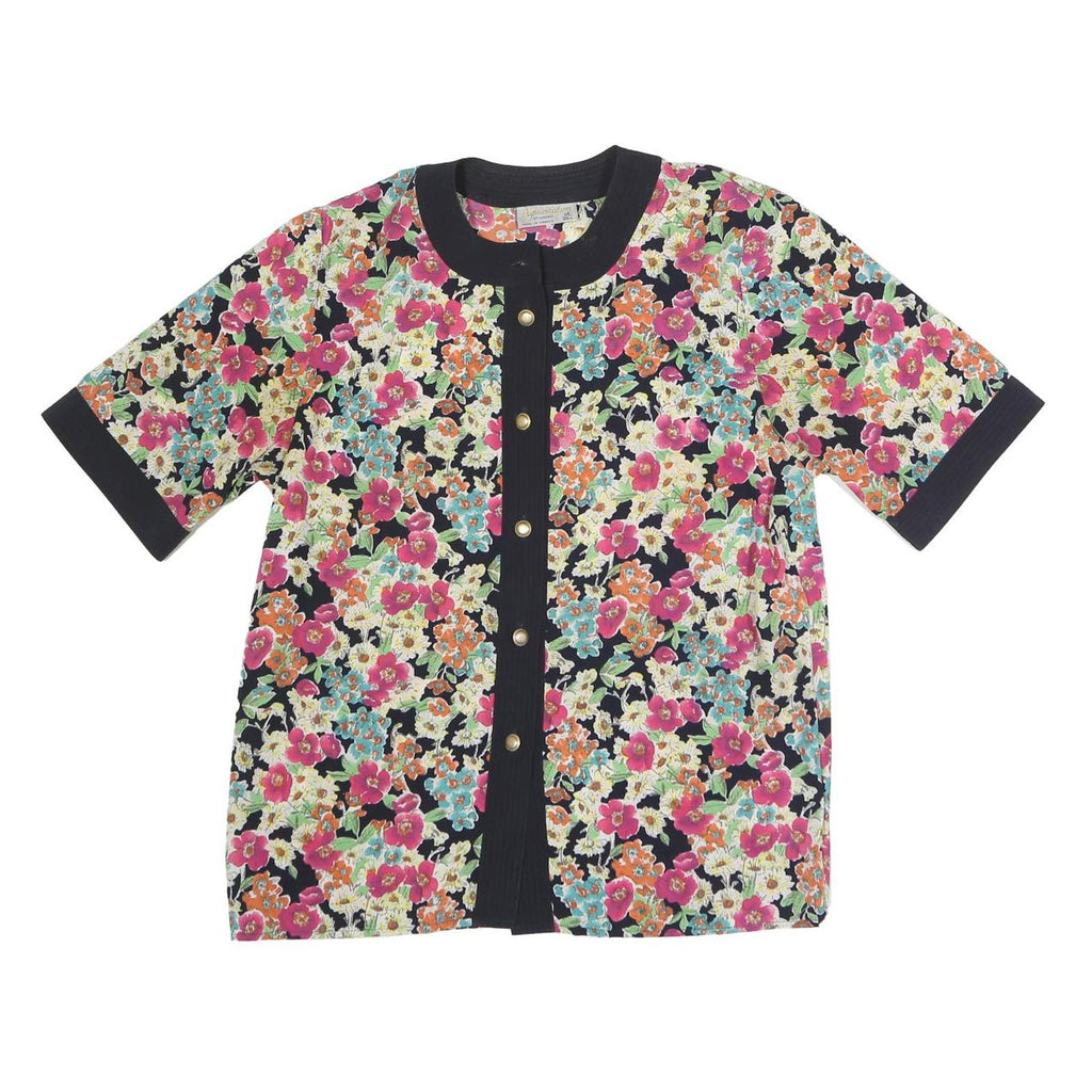 AQUA Womens Black Floral Print Button Short Sleeve Crew Neck Top M Stylish