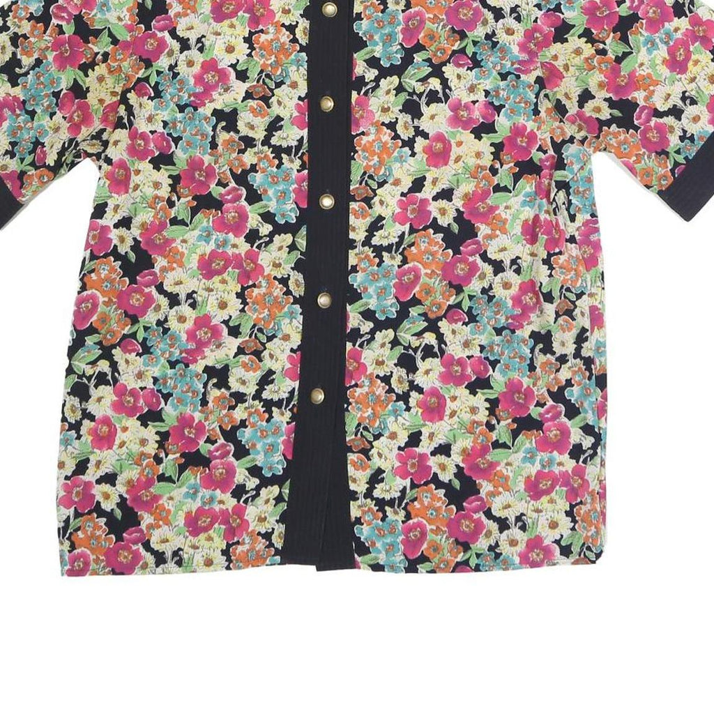 AQUA Womens Black Floral Print Button Short Sleeve Crew Neck Top M Stylish