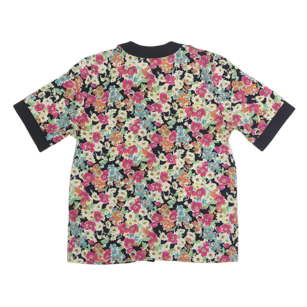 AQUA Womens Black Floral Print Button Short Sleeve Crew Neck Top M Stylish