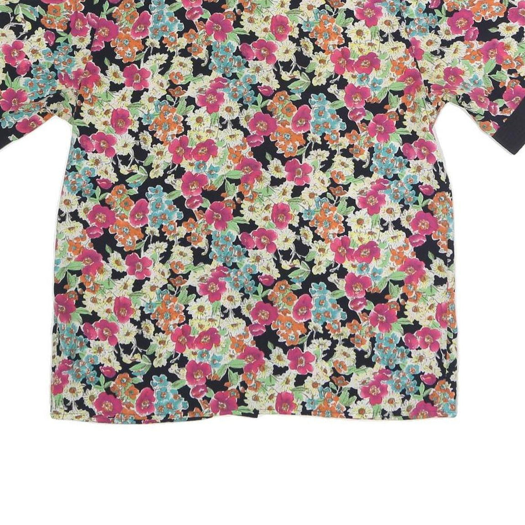 AQUA Womens Black Floral Print Button Short Sleeve Crew Neck Top M Stylish