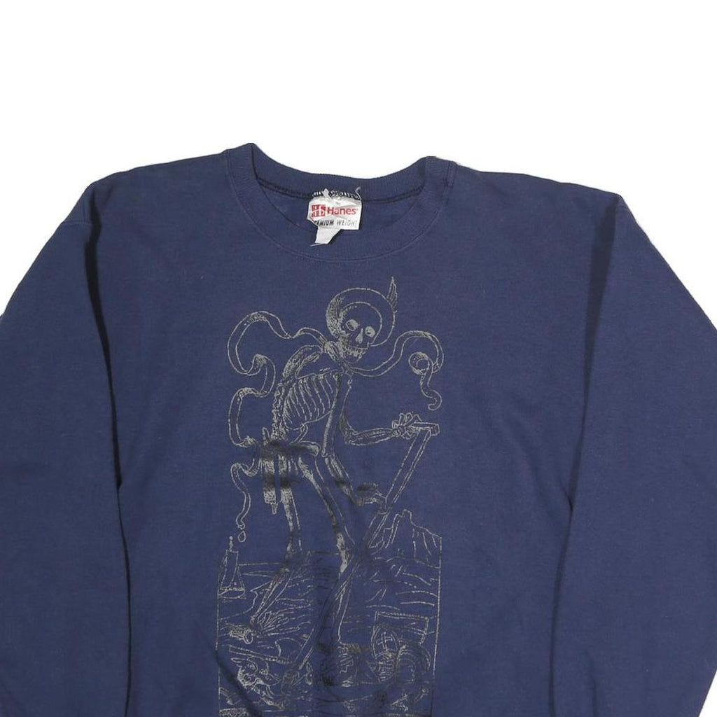 HANES Mens Blue Skeleton Graphic Crew Neck M Cotton Sweatshirt Casual