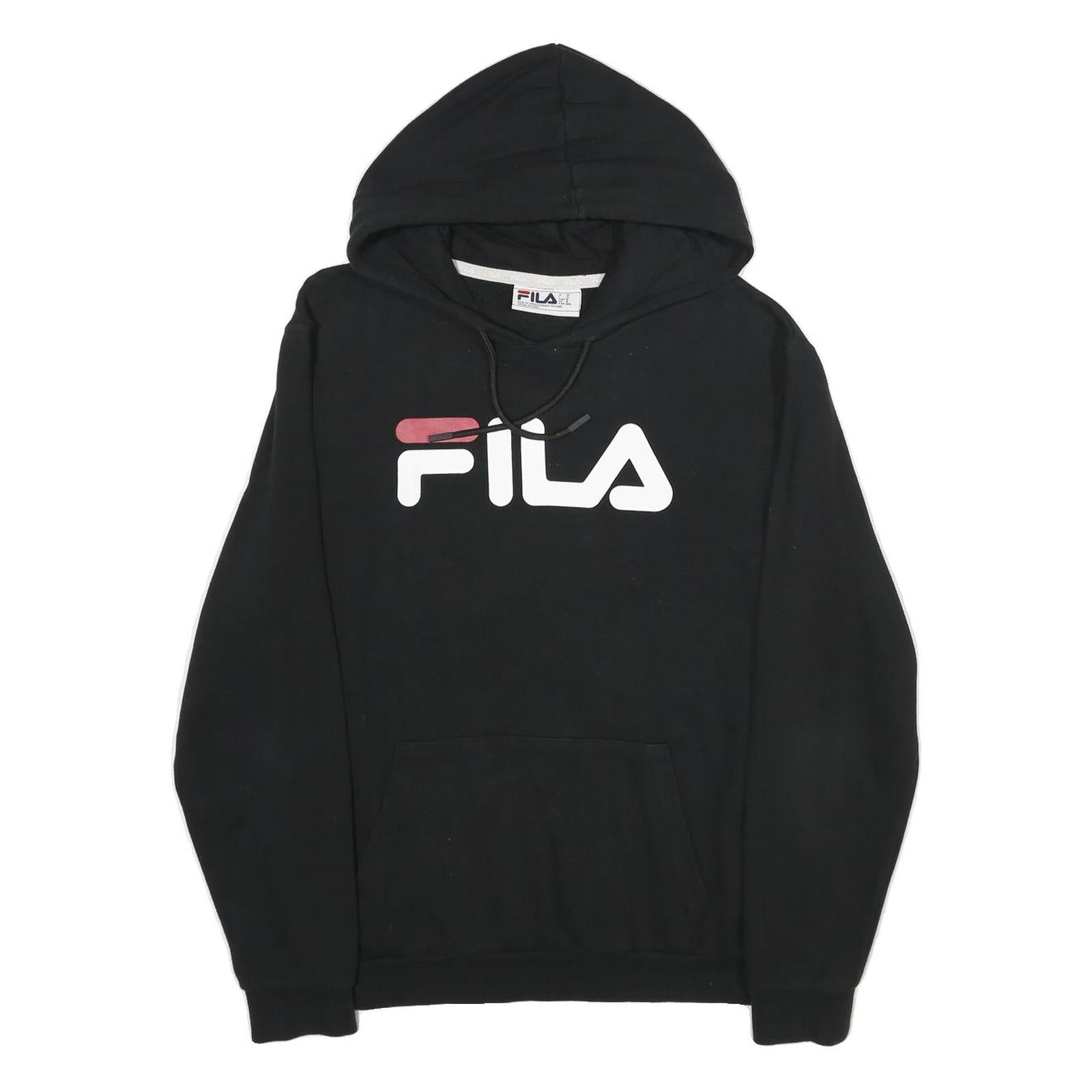 FILA Mens Black Hoodie M Cotton Blend Pullover Logo Print Casual