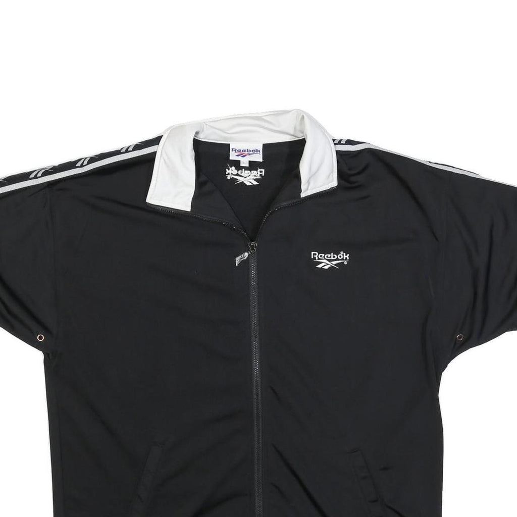 REEBOK Mens Black & White Track Jacket L Polyester Blend Zip Short Sleeve