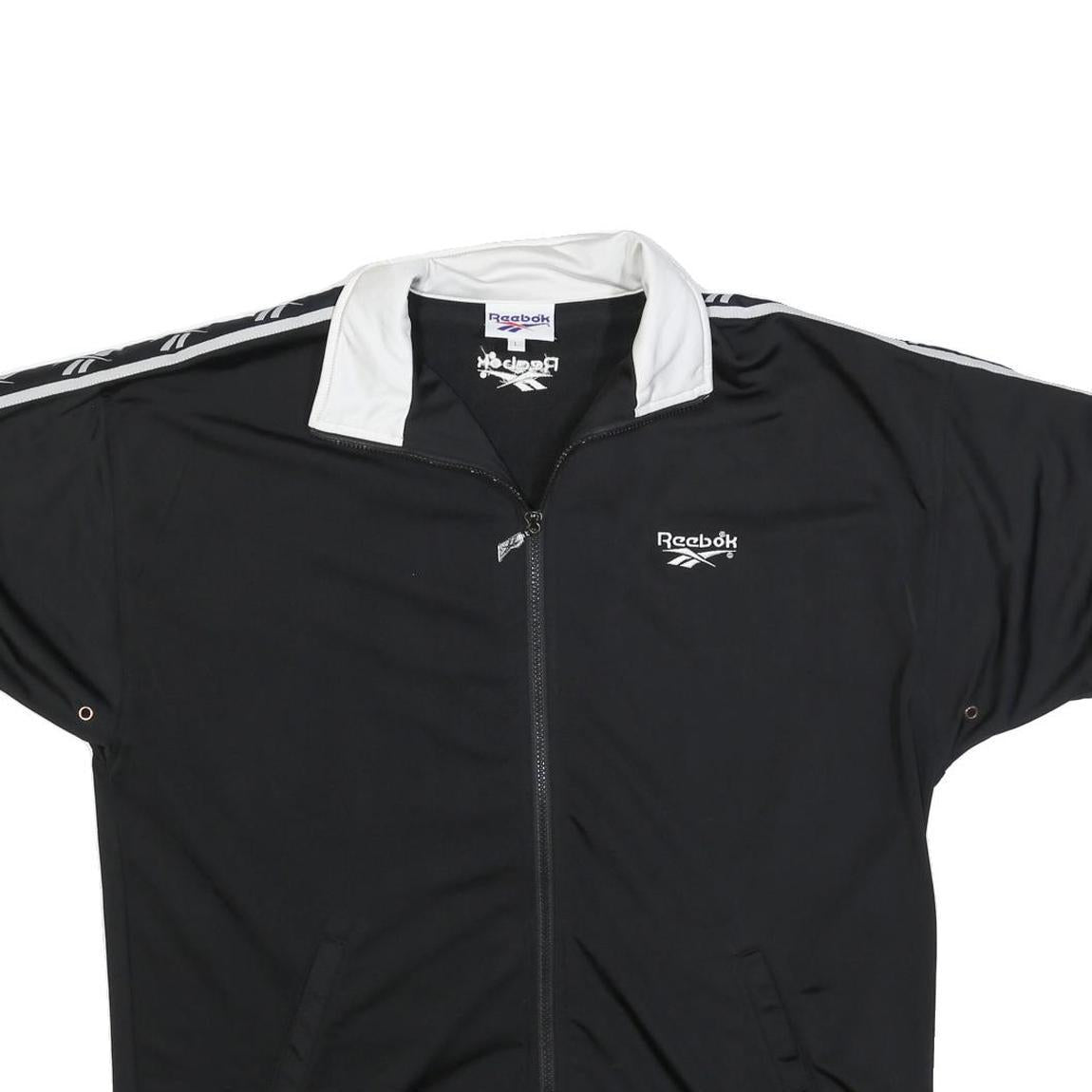 REEBOK Mens Black & White Track Jacket L Polyester Blend Zip Short Sleeve