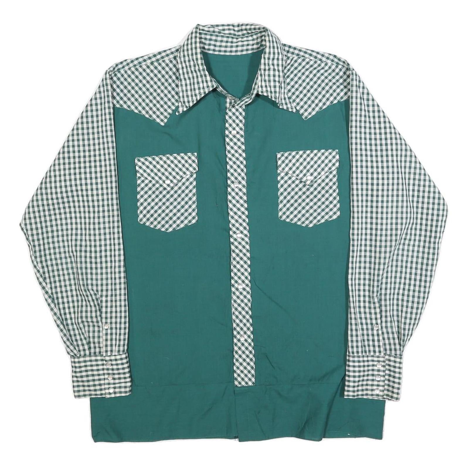 Mens Green & White Check Pattern Cotton Blend Shirt L Long Sleeve Pocket Button