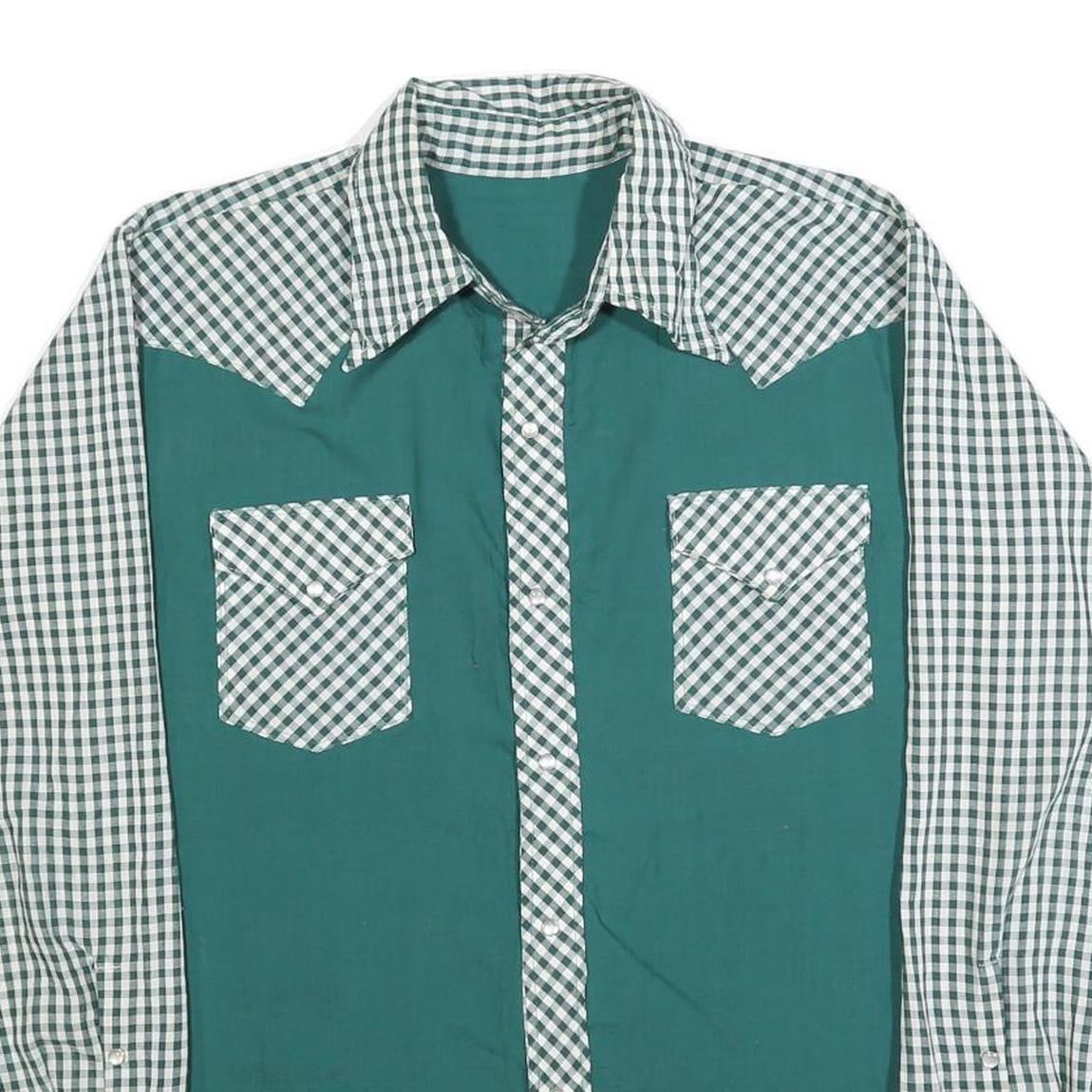 Mens Green & White Check Pattern Cotton Blend Shirt L Long Sleeve Pocket Button