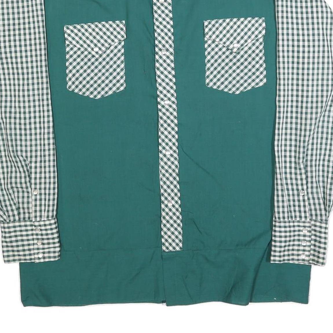 Mens Green & White Check Pattern Cotton Blend Shirt L Long Sleeve Pocket Button