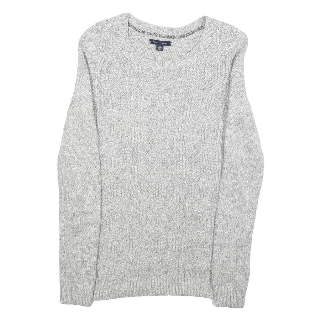 TOMMY HILFIGER Womens Grey Cable Knit Cotton Blend Jumper Crew Neck XS Soft Warm