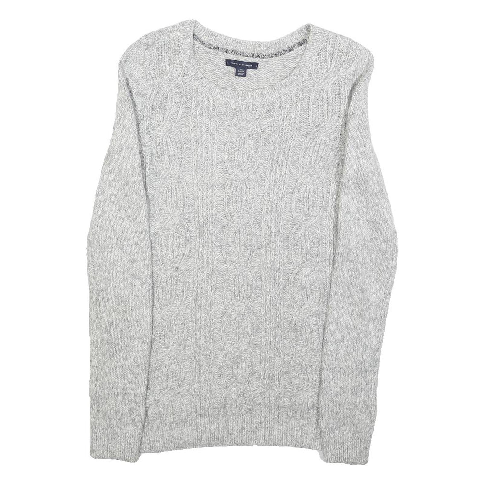 TOMMY HILFIGER Womens Grey Cable Knit Cotton Blend Jumper Crew Neck XS Soft Warm