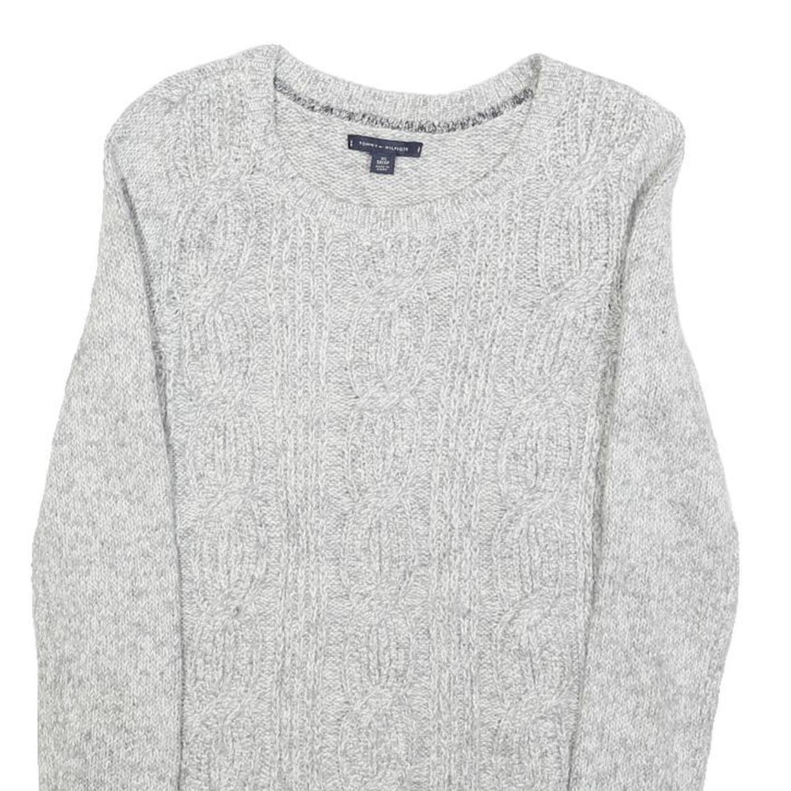 TOMMY HILFIGER Womens Grey Cable Knit Cotton Blend Jumper Crew Neck XS Soft Warm