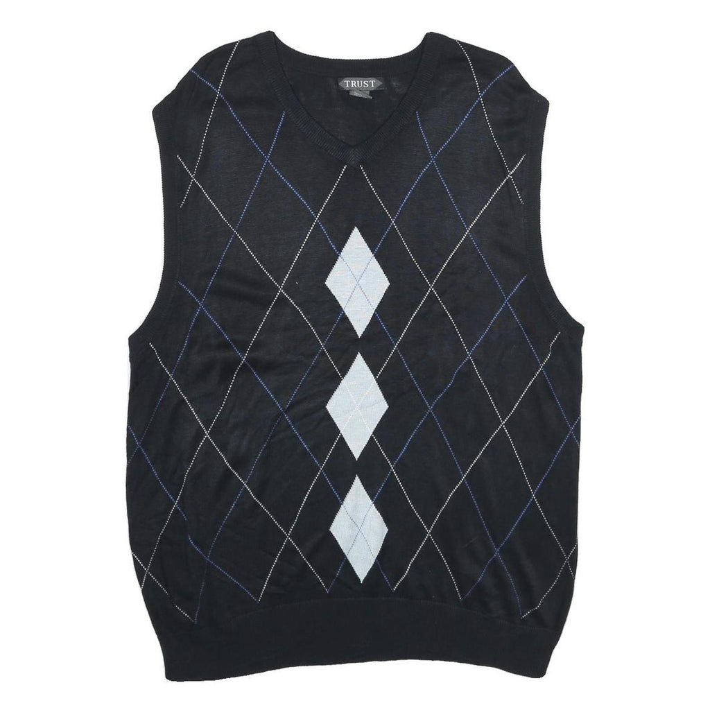 TRUST Mens Black Argyle Pattern V-Neck Chunky Knit XL Sleeveless Jumper Vest