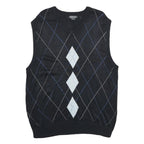 TRUST Mens Black Argyle Pattern V-Neck Chunky Knit XL Sleeveless Jumper Vest