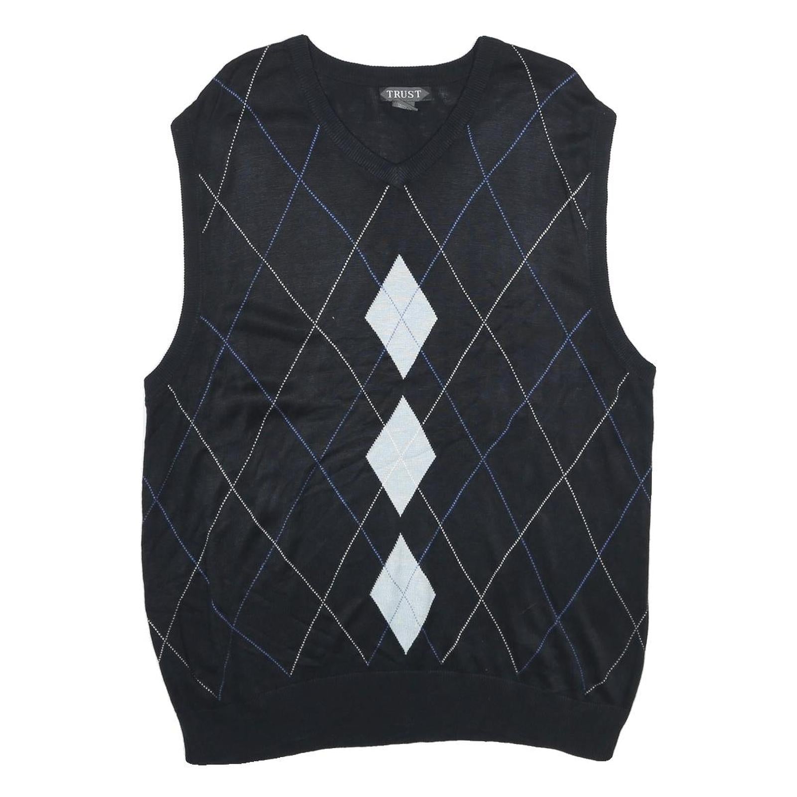 TRUST Mens Black Argyle Pattern V-Neck Chunky Knit XL Sleeveless Jumper Vest