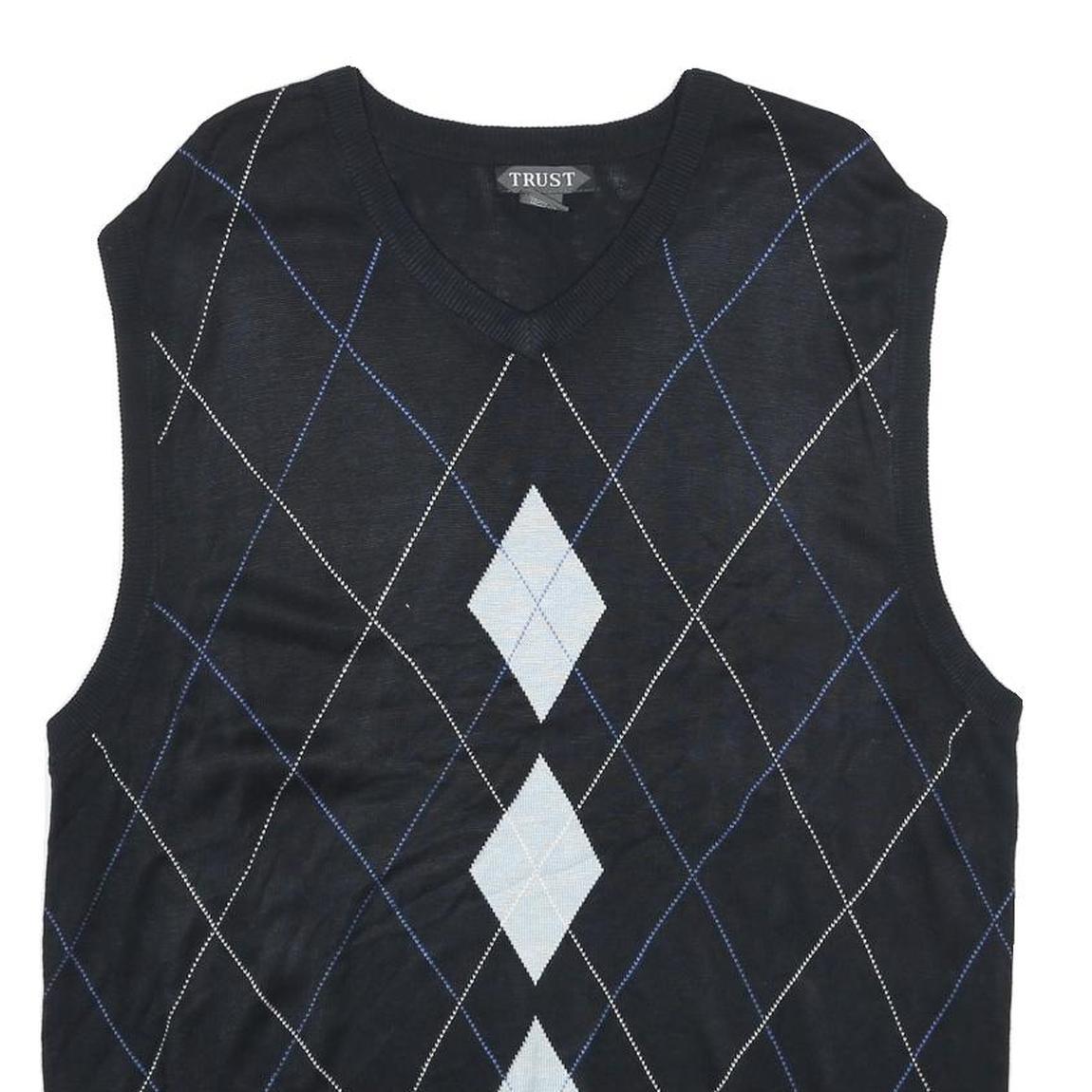 TRUST Mens Black Argyle Pattern V-Neck Chunky Knit XL Sleeveless Jumper Vest
