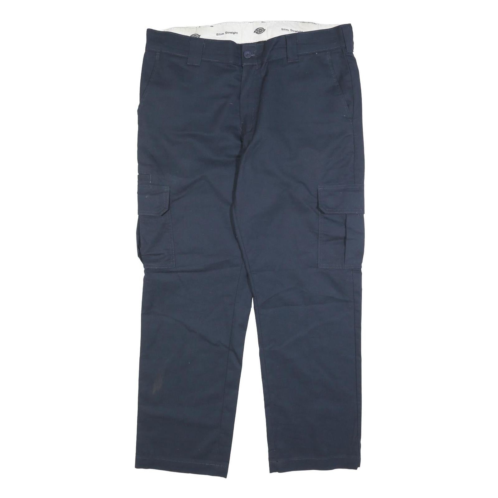 DICKIES Mens Cotton Blend Navy Slim Straight Cargo Trousers W36 L30 Workwear