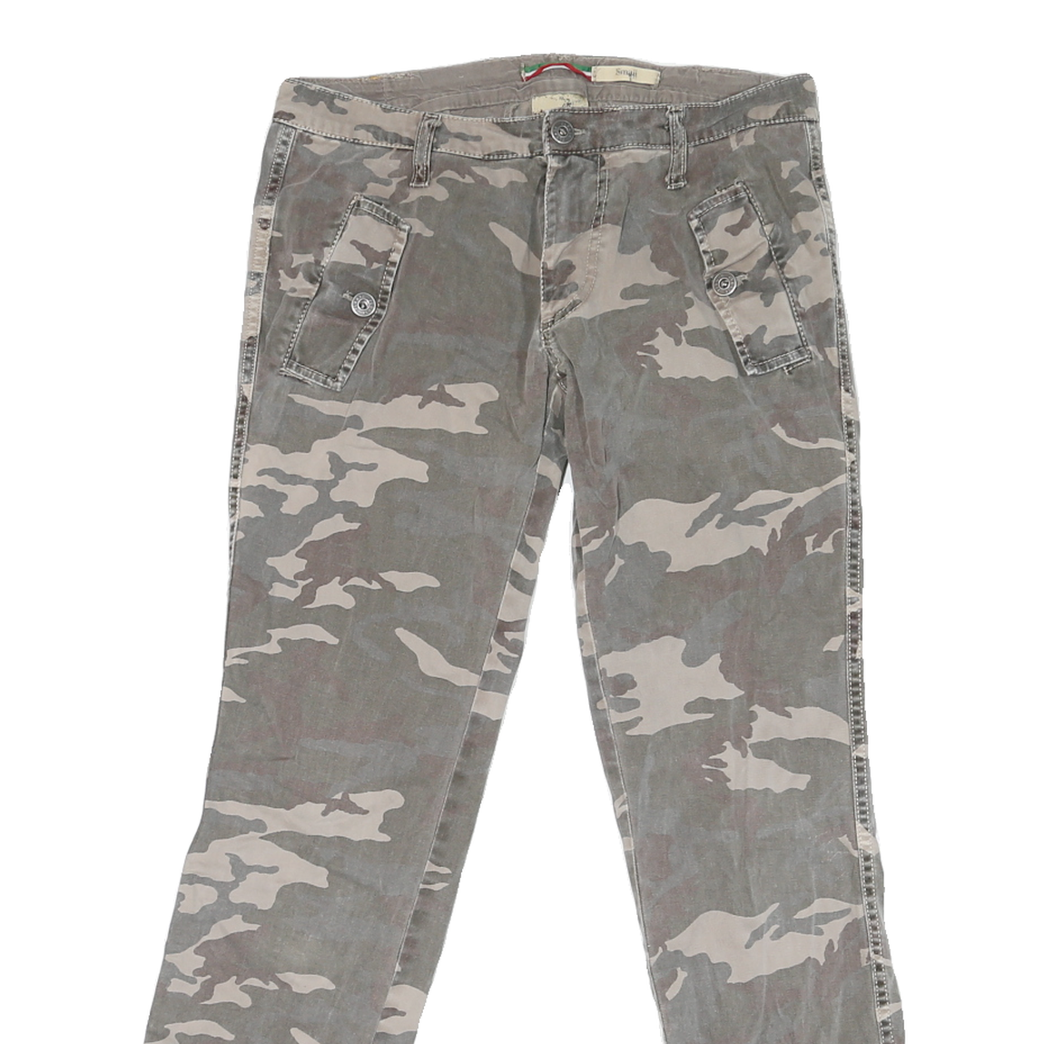 PLEASE Mens Cotton Blend Grey Camouflage Slim Skinny Trousers W30 L27 Casual Zip