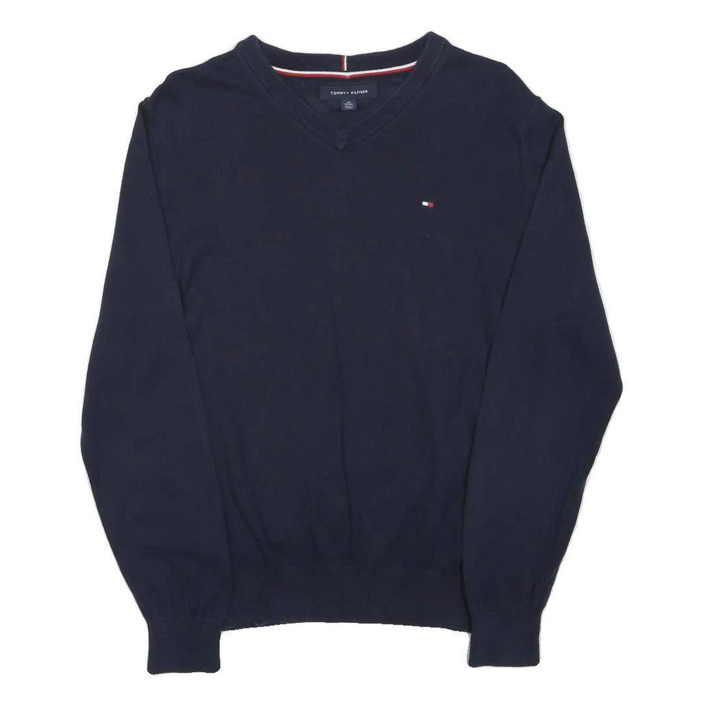 TOMMY HILFIGER Mens Navy Blue Plain V-Neck Basic Knit Jumpers XS Cotton Casual