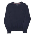 TOMMY HILFIGER Mens Navy Blue Plain V-Neck Basic Knit Jumpers XS Cotton Casual