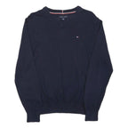 TOMMY HILFIGER Mens Navy Blue Plain V-Neck Basic Knit Jumpers XS Cotton Casual