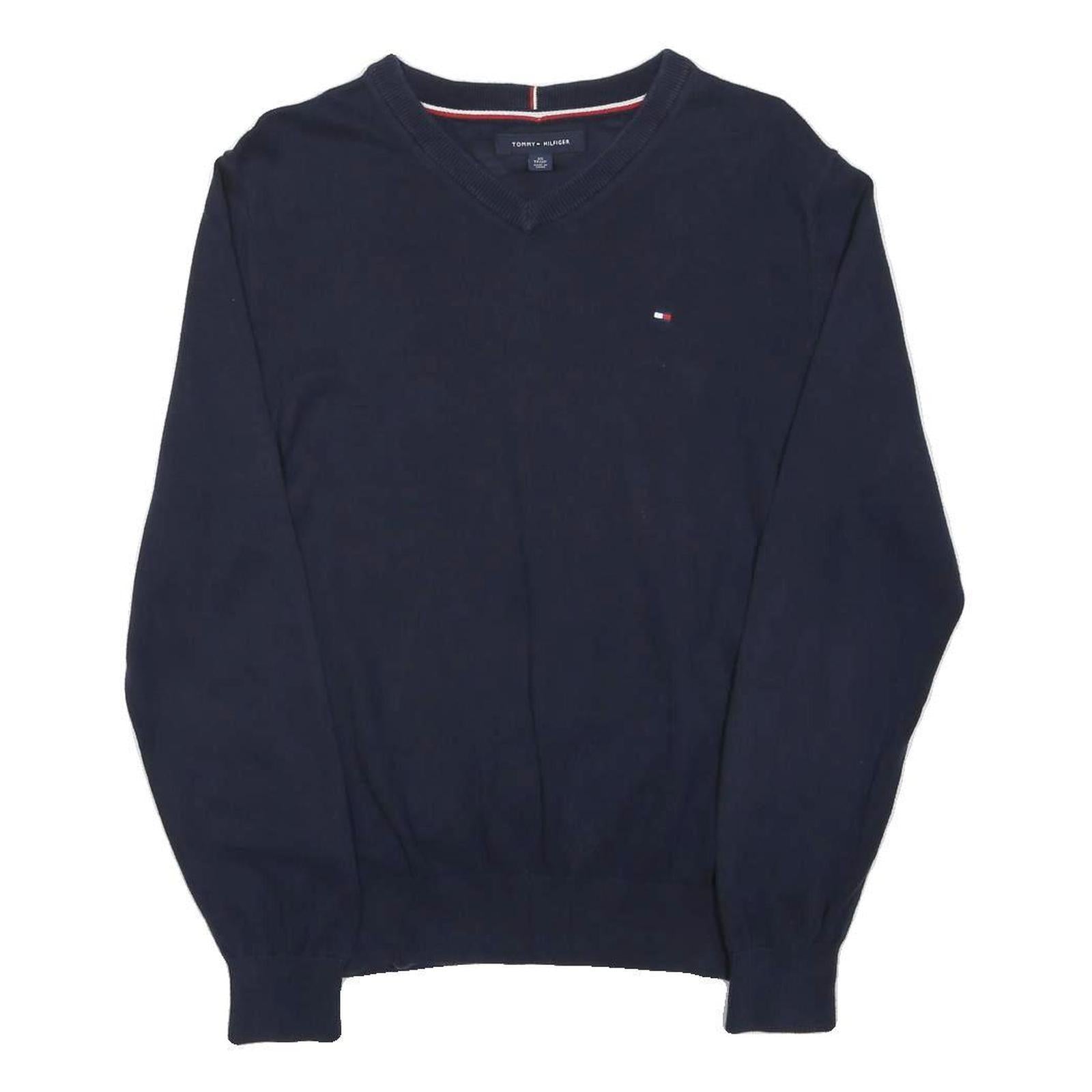 TOMMY HILFIGER Mens Navy Blue Plain V-Neck Basic Knit Jumpers XS Cotton Casual