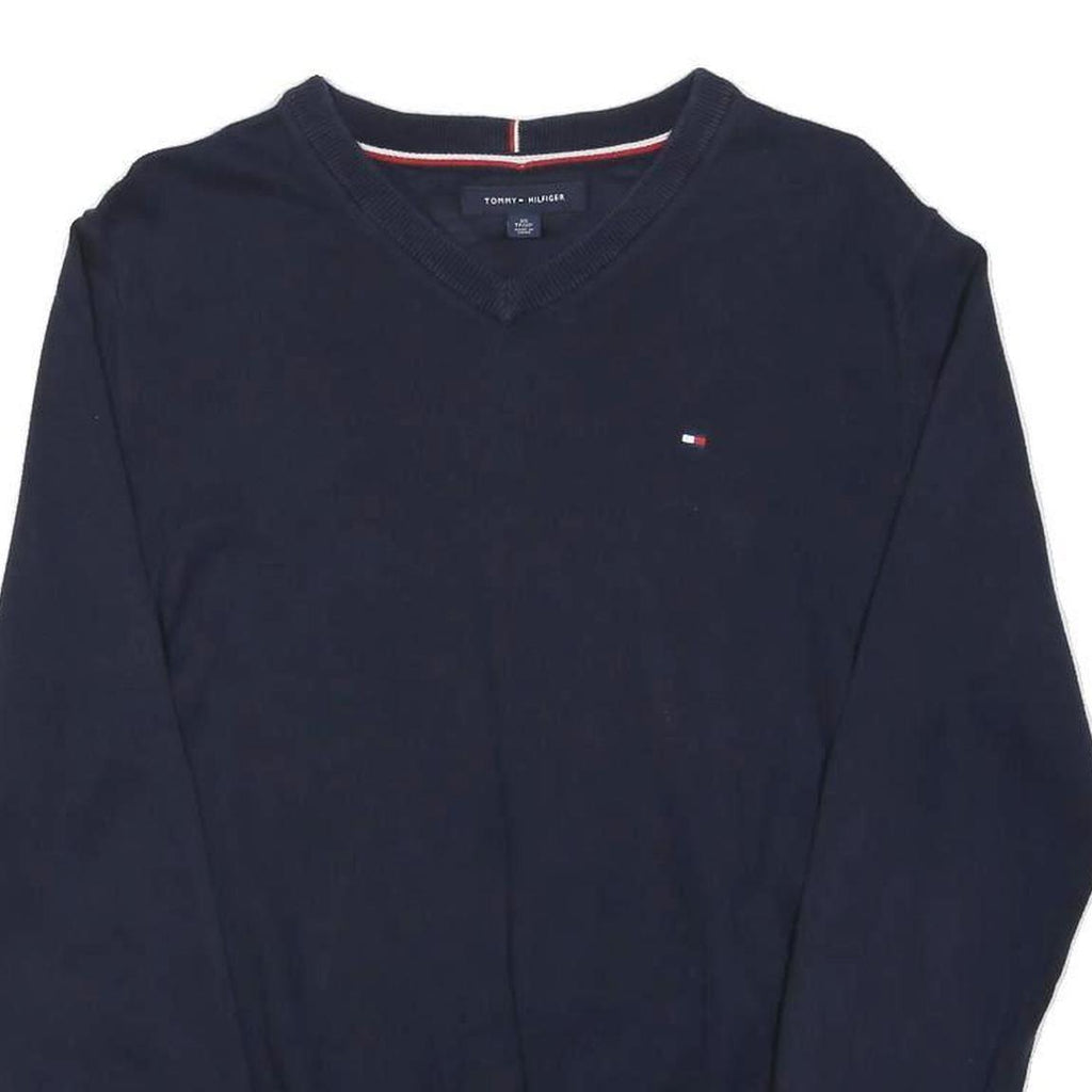 TOMMY HILFIGER Mens Navy Blue Plain V-Neck Basic Knit Jumpers XS Cotton Casual