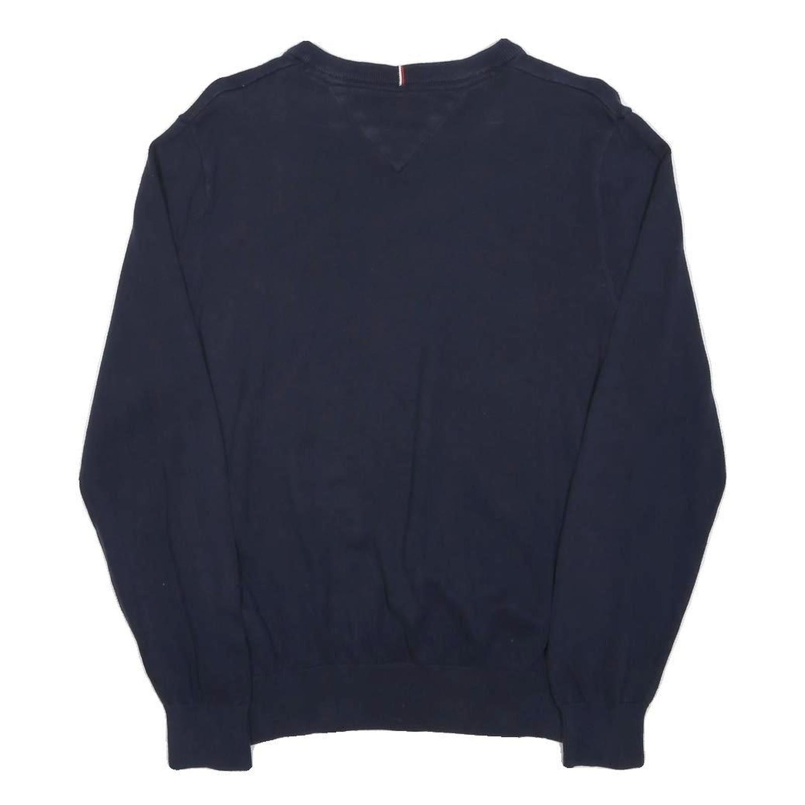 TOMMY HILFIGER Mens Navy Blue Plain V-Neck Basic Knit Jumpers XS Cotton Casual