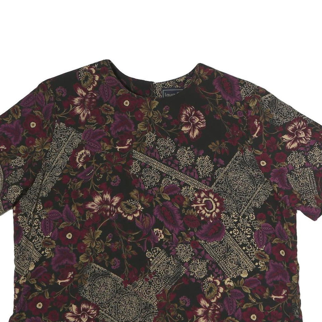 LAURA SCOTT Womens Black Burgundy Floral Printed Short Sleeve Round Neck Top L