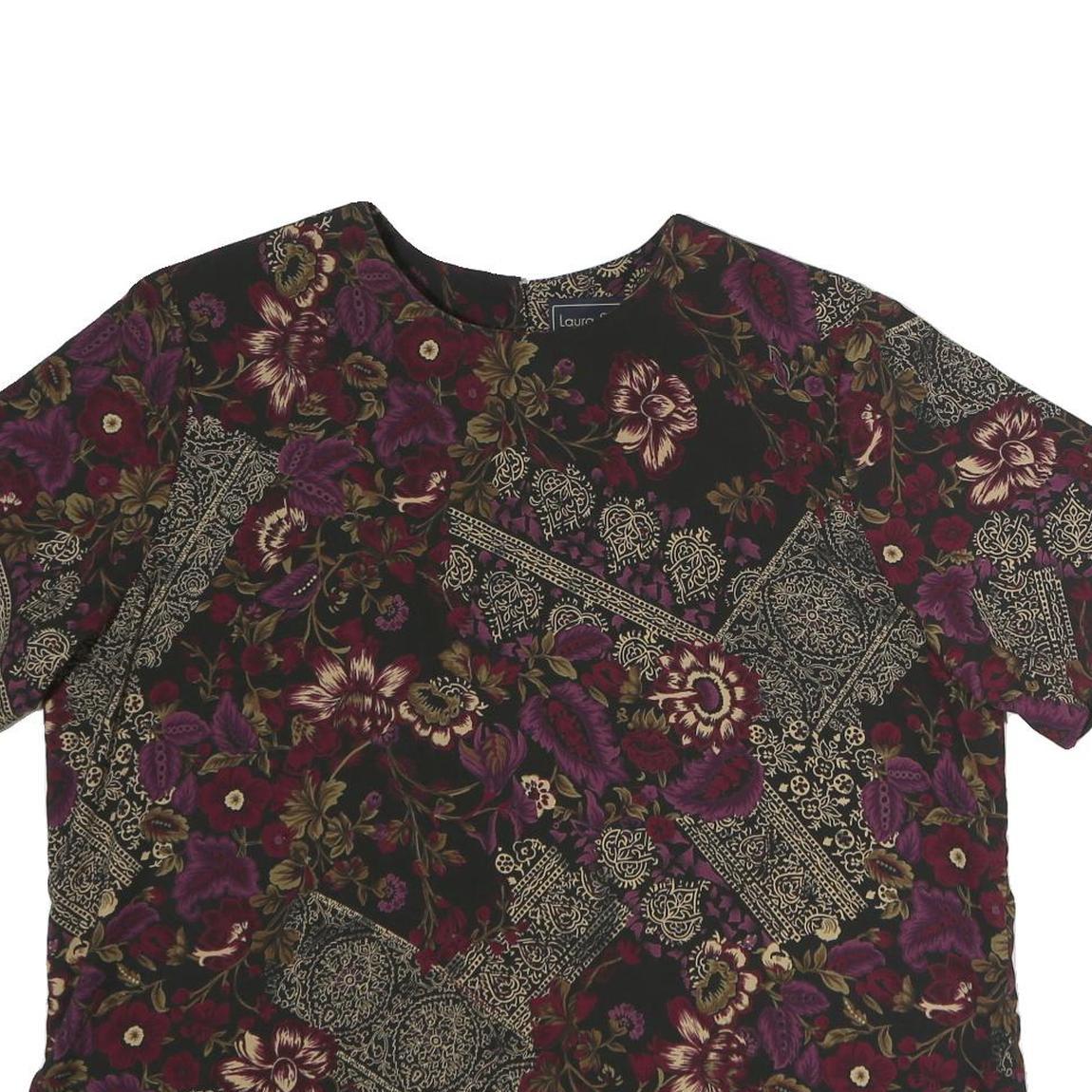 LAURA SCOTT Womens Black Burgundy Floral Printed Short Sleeve Round Neck Top L