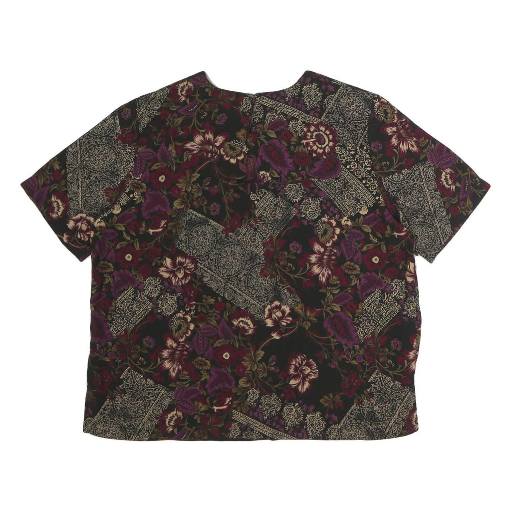 LAURA SCOTT Womens Black Burgundy Floral Printed Short Sleeve Round Neck Top L